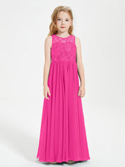Long Junior Bridesmaid Dresses Illusion Lace Top Fuchsia