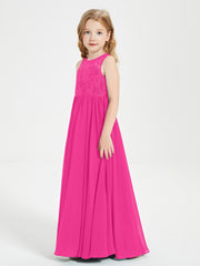 Long Junior Bridesmaid Dresses Illusion Lace Top Fuchsia