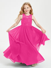 Long Junior Bridesmaid Dresses Illusion Lace Top Fuchsia