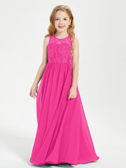Long Junior Bridesmaid Dresses Illusion Lace Top Fuchsia