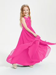 Long Junior Bridesmaid Dresses Illusion Lace Top Fuchsia