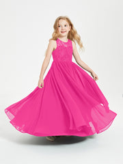 Long Junior Bridesmaid Dresses Illusion Lace Top Fuchsia