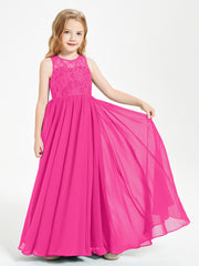 Long Junior Bridesmaid Dresses Illusion Lace Top Fuchsia