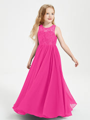 Long Junior Bridesmaid Dresses Illusion Lace Top Fuchsia