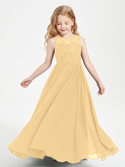 Long Junior Bridesmaid Dresses Illusion Lace Top Gold