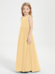 Long Junior Bridesmaid Dresses Illusion Lace Top Gold