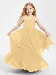 Long Junior Bridesmaid Dresses Illusion Lace Top Gold