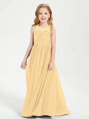 Long Junior Bridesmaid Dresses Illusion Lace Top Gold