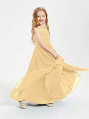 Long Junior Bridesmaid Dresses Illusion Lace Top Gold