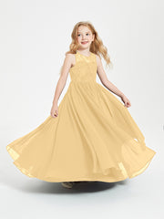 Long Junior Bridesmaid Dresses Illusion Lace Top Gold