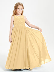Long Junior Bridesmaid Dresses Illusion Lace Top Gold