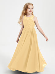 Long Junior Bridesmaid Dresses Illusion Lace Top Gold