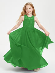 Long Junior Bridesmaid Dresses Illusion Lace Top Green