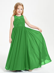 Long Junior Bridesmaid Dresses Illusion Lace Top Green