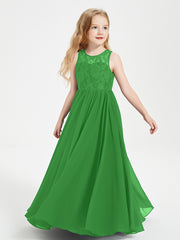 Long Junior Bridesmaid Dresses Illusion Lace Top Green