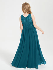 Long Junior Bridesmaid Dresses Illusion Lace Top Ink Blue