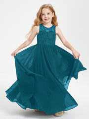 Long Junior Bridesmaid Dresses Illusion Lace Top Ink Blue