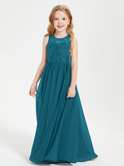 Long Junior Bridesmaid Dresses Illusion Lace Top Ink Blue