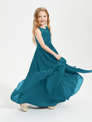 Long Junior Bridesmaid Dresses Illusion Lace Top Ink Blue