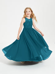 Long Junior Bridesmaid Dresses Illusion Lace Top Ink Blue