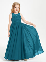 Long Junior Bridesmaid Dresses Illusion Lace Top Ink Blue