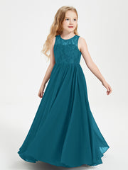 Long Junior Bridesmaid Dresses Illusion Lace Top Ink Blue