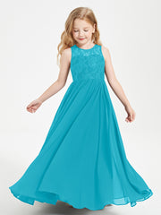 Long Junior Bridesmaid Dresses Illusion Lace Top Jade