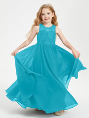 Long Junior Bridesmaid Dresses Illusion Lace Top Jade