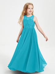 Long Junior Bridesmaid Dresses Illusion Lace Top Jade