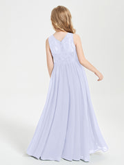 Long Junior Bridesmaid Dresses Illusion Lace Top Lavender