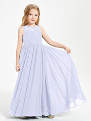 Long Junior Bridesmaid Dresses Illusion Lace Top Lavender