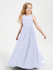 Long Junior Bridesmaid Dresses Illusion Lace Top Lavender
