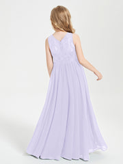 Long Junior Bridesmaid Dresses Illusion Lace Top Lilac