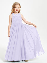 Long Junior Bridesmaid Dresses Illusion Lace Top Lilac