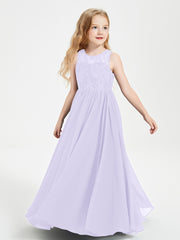 Long Junior Bridesmaid Dresses Illusion Lace Top Lilac