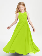 Long Junior Bridesmaid Dresses Illusion Lace Top Lime Green