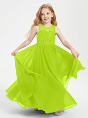 Long Junior Bridesmaid Dresses Illusion Lace Top Lime Green