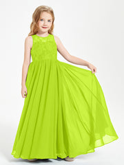 Long Junior Bridesmaid Dresses Illusion Lace Top Lime Green