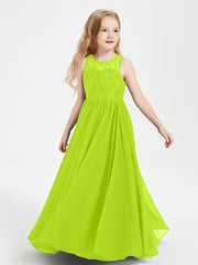 Long Junior Bridesmaid Dresses Illusion Lace Top Lime Green