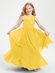 Long Junior Bridesmaid Dresses Illusion Lace Top Marigold
