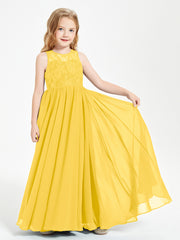 Long Junior Bridesmaid Dresses Illusion Lace Top Marigold