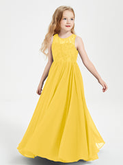 Long Junior Bridesmaid Dresses Illusion Lace Top Marigold