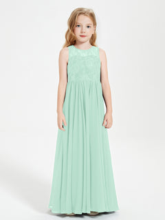 Long Junior Bridesmaid Dresses Illusion Lace Top Mint Green