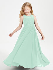 Long Junior Bridesmaid Dresses Illusion Lace Top Mint Green