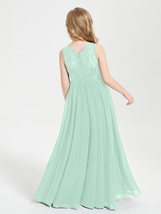 Long Junior Bridesmaid Dresses Illusion Lace Top Mint Green