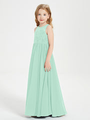 Long Junior Bridesmaid Dresses Illusion Lace Top Mint Green
