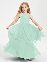Long Junior Bridesmaid Dresses Illusion Lace Top Mint Green