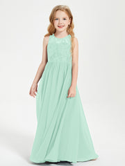 Long Junior Bridesmaid Dresses Illusion Lace Top Mint Green