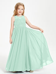 Long Junior Bridesmaid Dresses Illusion Lace Top Mint Green