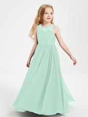 Long Junior Bridesmaid Dresses Illusion Lace Top Mint Green